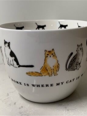 White Ceramic Cat Mug W/Multicolor Cat Illustrations “Home Is Where My Cat Is”